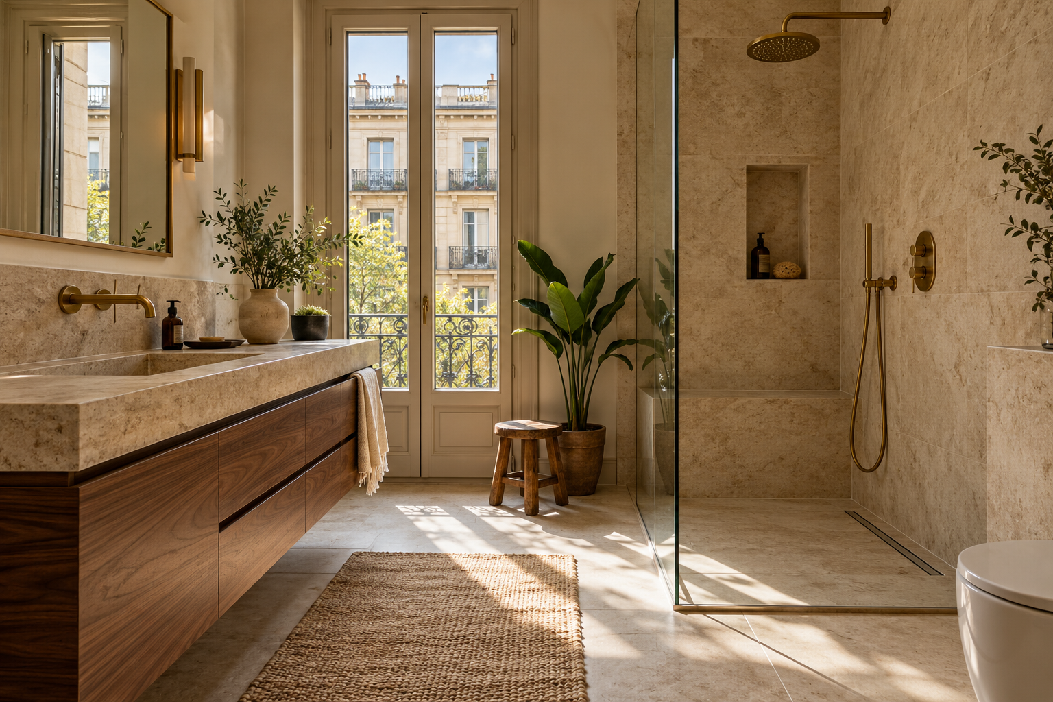 Baño renovado con piedra y madera
