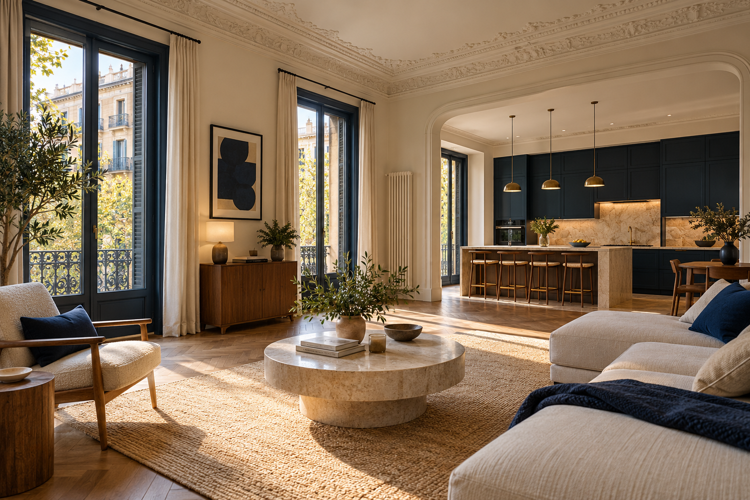 Salón y cocina renovados en una vivienda de Barcelona