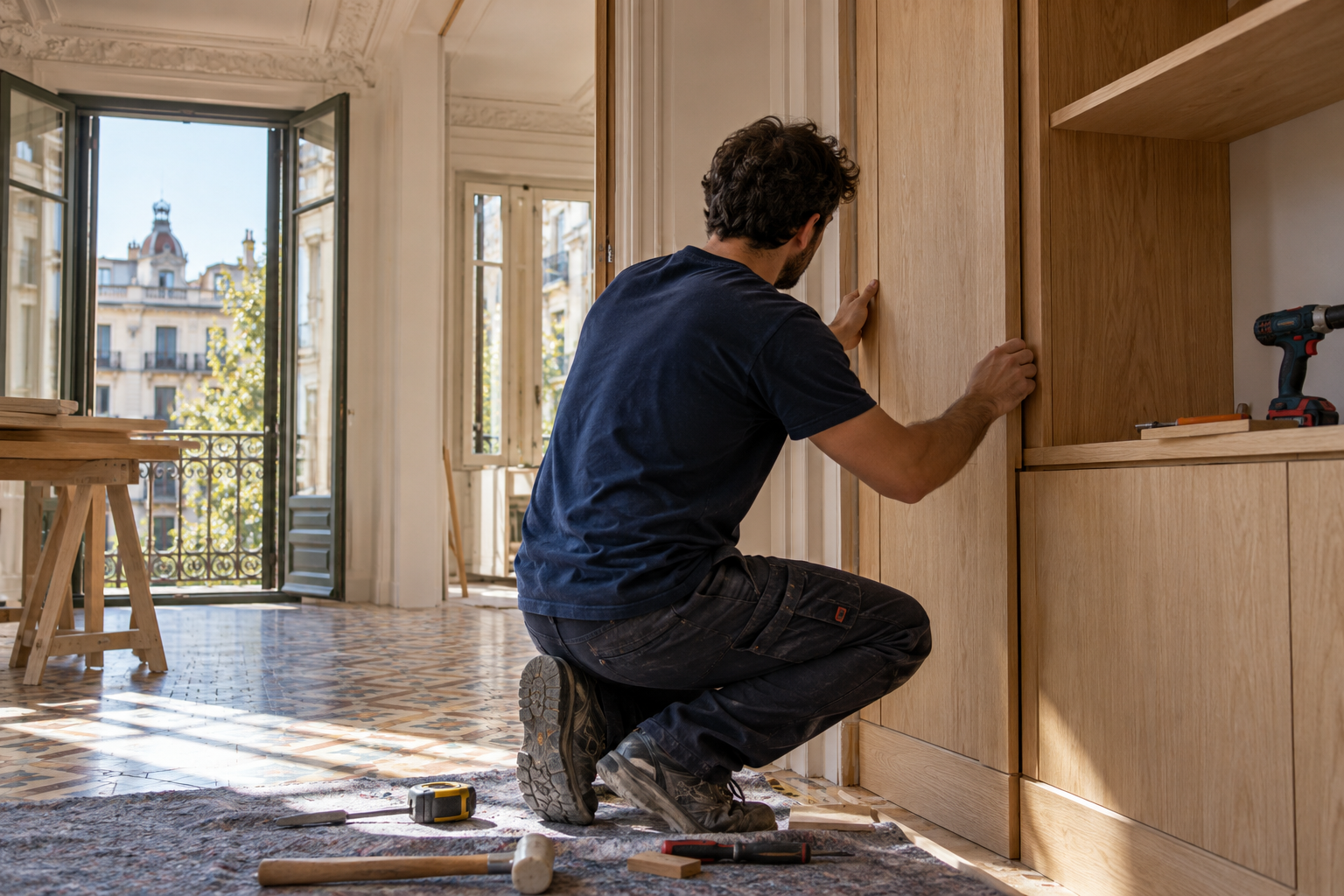 Profesional instalando un mueble de madera